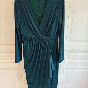 Badgley Mischka Teal Long-Sleeve Draped Wrap Dress